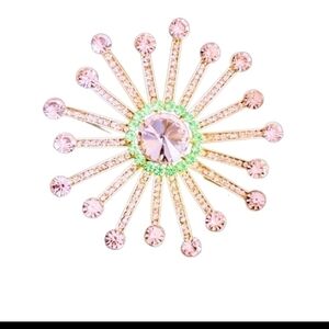 Iridescent Rhinestone Floral Burst Brooch Pink & Green NWOT